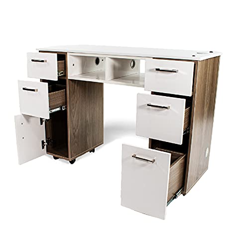 Mayakoba Seneca Manicure Table, Nail Station For Beauty Salon Furniture & Equipment, Stone Top Acetone Resistant & 2Uv Hole, Ash Wood #TOP3