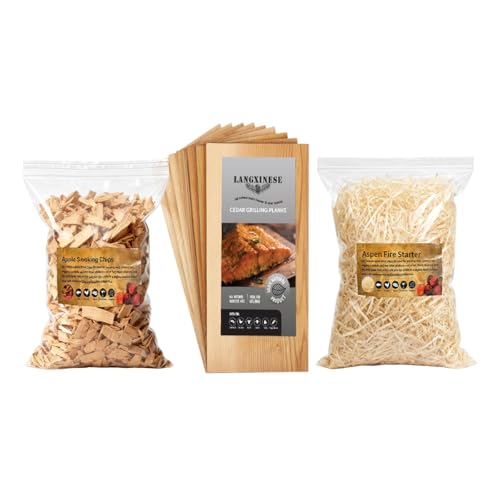 Cedar Planks For Grilling Salmon ,3in1 Bundle 12pk, Smoker Chips Apple Mesquite Oak Hickory Blend, Fire Starter Fiber, Gas & Charcoal Grill, Variety of Flavors for Grilling, BBQ, Camping 11\"x 5.75\"