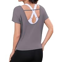 Totatuit Women's Open Back Short Sleeve Workout Top (Grey)