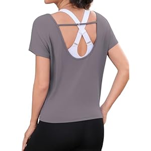 Totatuit Womens Open Back Workout Tops Cap Short Sleeve Cotton Cropped Tee Loose Yoga Athletic Shirts Gym Crop T-Shirts Grey X-Large