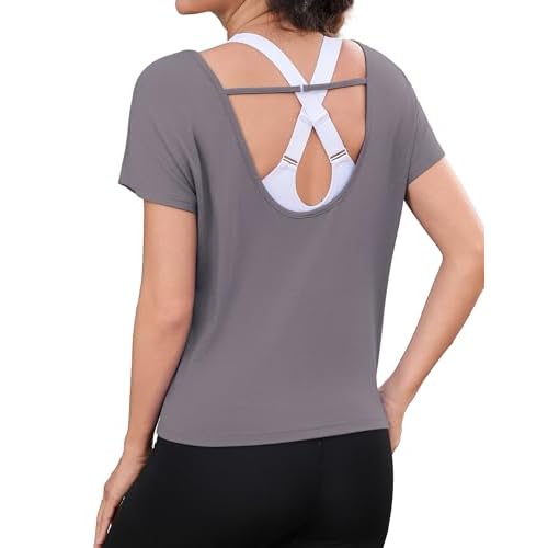 Totatuit Womens Open Back Workout Tops Cap Short Sleeve Cotton Cropped Tee Loose Yoga Athletic Shirts Gym Crop T-Shirts Grey Medium