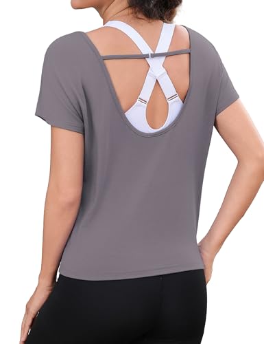 Totatuit Womens Open Back Workout Tops Cap Short Sleeve Cotton Cropped Tee Loose Yoga Athletic Shirts Gym Crop T-Shirts - image 1