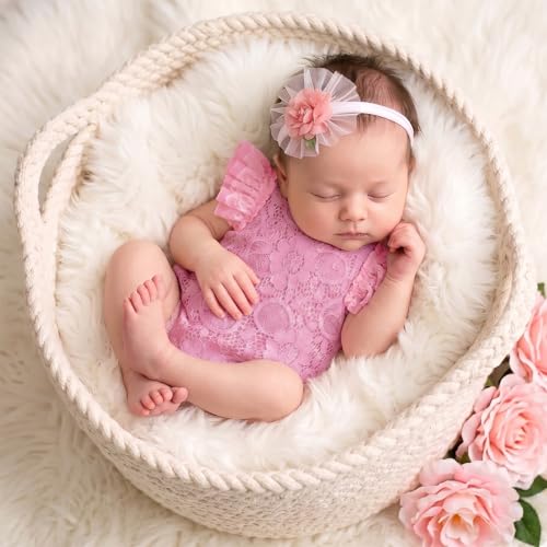ForBaysy Infant Newborn Photography Props Girl Outfit Lace Romper with Cute Flower Headband Newborn Dress Posing Props - image 5