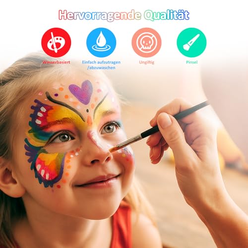 Kinderschminke Set – 15 Farben Face & Body Paint, 30 Schablonen & 2 Profi-Pinsel, Schminkpalette für Kinder & Erwachsene, hautfreundlich & leicht abwaschbar für Karneval, Fasching, Halloween