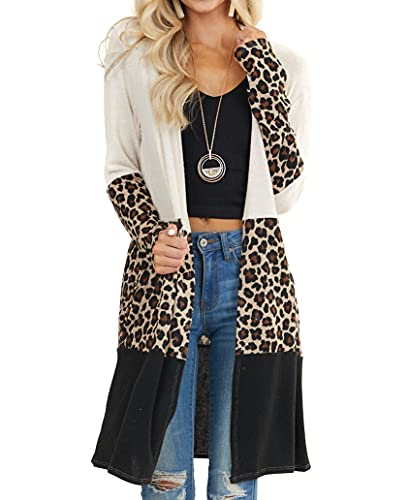Women Color Block Cardigan Open Front Long Sweater Shirt Leopard Print Large #TOP1