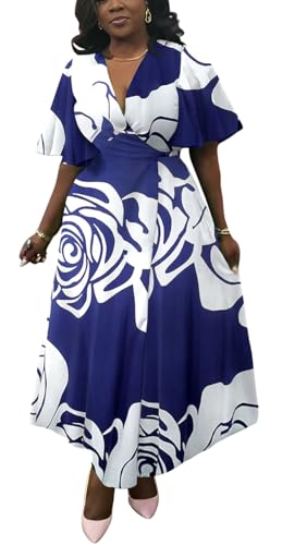 Image of Summer Dresses for Women Semi-Formal Fit Casual Short Ruffle Sleeve V Neck Elegant Swing Split Long Maxi Dresses