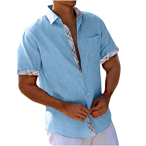 UHouse Chemise Homme en Cotton Lin Vetement Manches Courtes D'Été Chemises Leger Décontracté Chemisette Respirant Habit Col Mao Court Fin Cut Button Down Shirt Bleu...