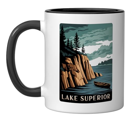 Lake Superior Scenic Illustration Beauty Nature Ceramic Mug, Black/White