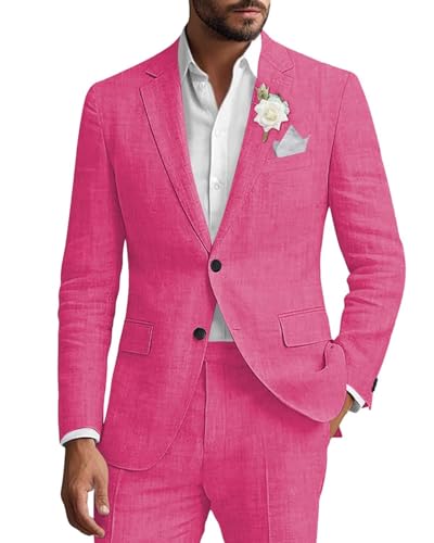 Mens Suit 2 Piece Linen Suit for Men Lightweight Summer Wedding Groomsmen Prom Casual Mens Blazer Pants