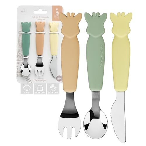 Image of Sophie la girafe Cutlery Set | Easy to Grip | Includes Fork, Knife with Round Tip & Spoon | Ideal for Baby's First Meals