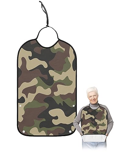 YOUNGKIDS Camo Adult Bibs for Eating, Waterproof Washable Adult Bib for Elderly Women Man, Geometric Texture Reusable Clothing Protector with Detachable Crumb Catcher - Unisex