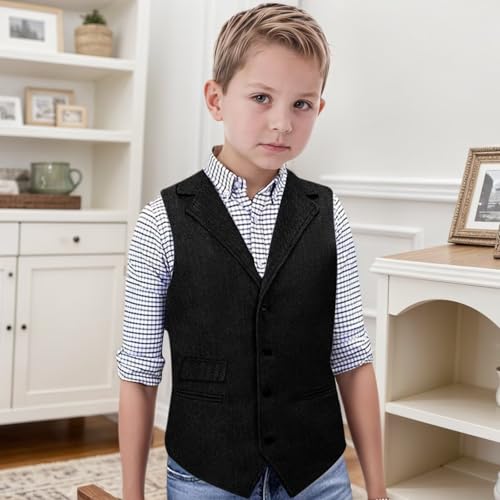 Boys Vest Vintage Herringbone Tweed Waistcoat with Pocket Sleeveless Slim Fit Casual Ring Bearer Outfit4