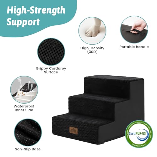 Image of COZY KISS Dog Stairs for Small Dogs, 3 Tier Pet Stairs for Couch, 13.5 inch H Non-Slip Dog Steps for Old Cats, Puppy, Small Dogs, 15.7x17.7x13.5 inch, Black