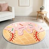 Pink Ice Cream Drip Baseball Rug 31.5 Inch Round Baseball Carpet with Non-Slip TPR Backing Colorful Ice Cream Drip Area Rug for Girls Room Decor Circle Floor Mat for Boys Bedroom Living Room