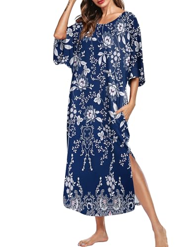 Image of Ekouaer Women's Nightgown Short Sleeve Sleepshirt Long Loungewear Casual Maxi Lounge Dress House Dresses with Pockets