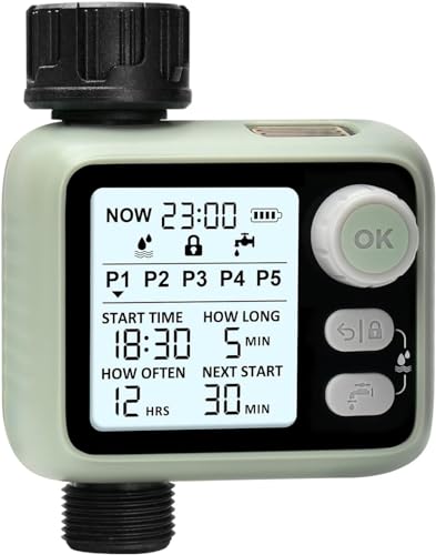 Image of Pinolex Water Sprinkler Timer for Self Watering Pots & Drip Irrigation Kit, Programmable Hose Timer with Backlight Display, 5 Watering Programs, Child Lock, Rain Sensing, Auto & Manual Modes