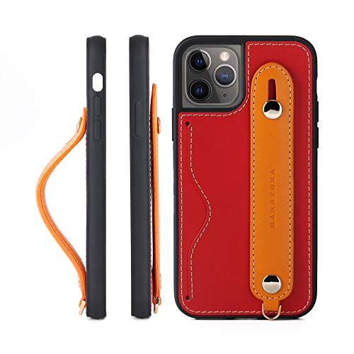 HANATORA IPhone 11Pro グリップケース レザー 本革 ストラップ付属 イタリア製牛革 ヌメ革 片手操作 カード収納 スタンド機能 メンズ レディース レッド/オレンジ CGH-11Pro-Red-OG