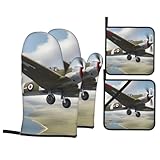 YYHWHJDE Weltkrieg 2 Flugzeugmuster Küche Backen 4-teiliges Set – isolierter Ofenhandschuh und Topflappen, Verbrühungsschutz und Wärmeisolierung