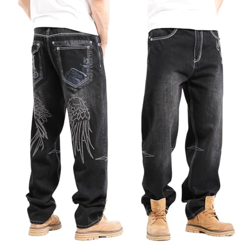 Mens Hip Hop Baggy Jeans Embroidery Wide Leg Skater Denim Pants Loose Long Trousers