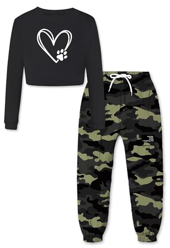 SANGTREE Girls Clothing Sets, Girls Long Sleeve Crop Top and Cargo Jogger Pants Outfit Set,4T-14 Years