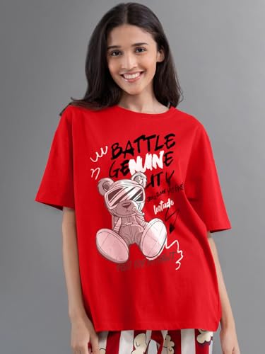 Image of LEOTUDE Womens Oversized Round Neck Cottonblend Half Sleeve T-Shirts (Colour: Multicolor)