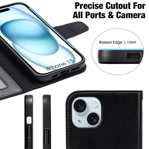 Arae Compatible with iPhone 15 Case with Card Holder and Wrist Strap Wallet Flip Cover for iPhone 15 6.1 inch,Black by Arae - Image 5