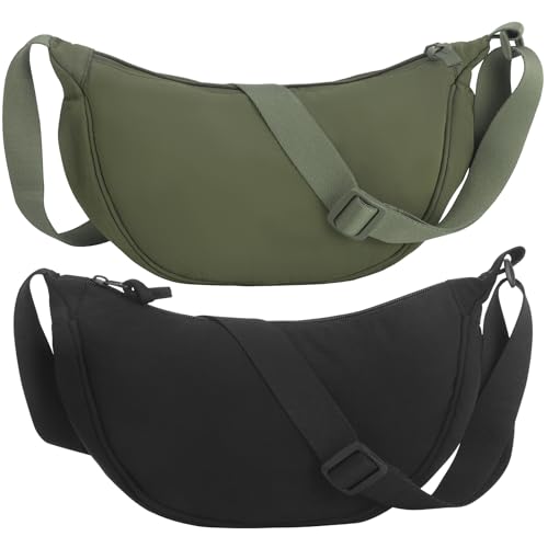 Firtink 2 Pack Crescent Bag for Women Men, Nylon Crescent Bags Dumpling Bag Hobos Crossbody Bags Purse with Adjustable Strap(olive green), ZHGC011399