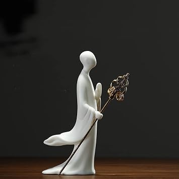 White Jade Ceramics Zen, Meditation Buddhism Minimalist Statue Figurine Monk Cool Swordsman Assassin Kung Fu for Collectible Table Home Shelf Decor Mini Size Zen Cane