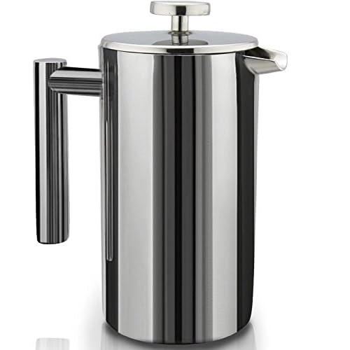 French Press Double-Wall Stainless Steel Mirror Finish (1L) Coffee/Tea Maker: Double-Screen System 100% No Coffee Grounds Guarantee, 18/10 Stainless Steel, Rust-Free, Dishwasher Safe, 2 Bonus Screen
