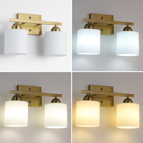 Image of Mecgirn Stainless Steel Milk Glass Vanity Lights for Bathroom, 2 Light Gold Bathroom Light Fixtures Over Mirror, Ceramic E26 Sockets Wall Mounted
