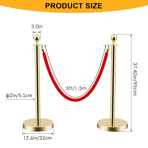 Image of LOVMOR 12Pcs Gold Stanchion Posts Queue with 8pcs Red Velvet Rope, Crowd Control Barriers Queue Line Rope, Crowd Control Stanchion for Party Supplies