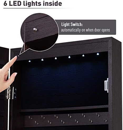 HOMCOM Mirrored Jewellery Storage Cabinet Door Mounted/Wall mounted Organiser Hanging Lockable w/ 6 Inner LED Lights Natural Color