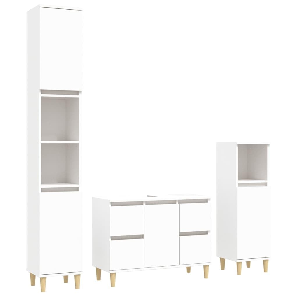 vidaXL Badmöbel Set 3-TLG., Badschrank Holzbeine, Badezimmer Unterschrank Hochschrank Midischrank, Badezimmermöbel, Weiß Holzwerkstoff