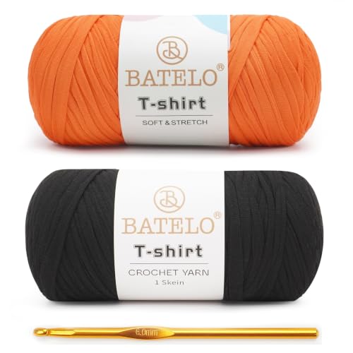 BATELO 2 Pack T-Shirt Yarn for Beginner Crochet Bags/Basket/Coaster, 400g/144yds High Elastic Thick Polyester Fabric (Orange&Black)