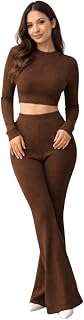 TANUSHK Ribbed Knit Crop Top and Flare Pants Coord Set, Long Sleeve Two Piece Outfit, Multiple Colors, Small to 2XL Price In India