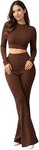 TANUSHK Ribbed Knit Crop Top and Flare Pants Coord Set, Long Sleeve Two Piece Outfit, Multiple Colors, Small to 2XL