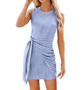 Women's Summer Sleeveless Tank Dress Slim Midi Dress Ribbed Casual Ruched Tie Waist Sundress Crew...