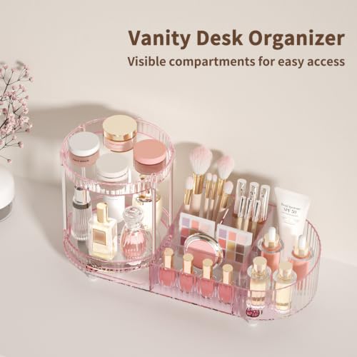 Image of Makeup Organizer for Vanity, 2 Rotating Perfume Trays and 5 Compartments