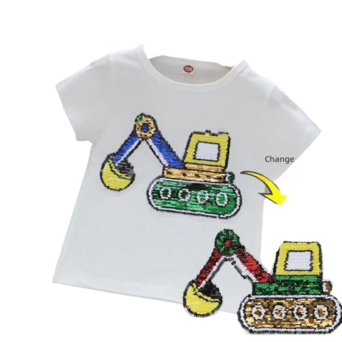Image of Boys Flip Sequin Cotton T-Shirt, Dinosaur, Digger & Graphic Short Sleeve Top for Kids Aged 3-8 Years (UK, Numeric, 110, White-Digger)