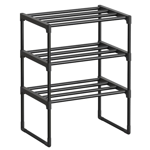 SONGMICS Shoe Rack, 3-Tier Shoe Organizer, Metal Storage Shelf, Upright or Upside Down, for 4-8 Pairs, Stackable, for Entryway, 11.8 x 16.7 x 21.5 Inches, Black ULSA003B01