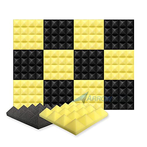 Arrowzoom New 12 Pieces 10x10x2inch Black and Yellow Soundproofing Insulation Pyramid Acoustic Wall Foam Padding Studio Foam Tiles AZ1034 Black & Yellow
