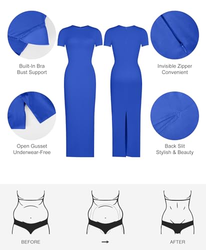 Image of Popilush Shaperwear Dress Built-in Bra Women's Casual Lounge Dress with Zipper Short Sleeve Mock Neck Bodycon Dresses