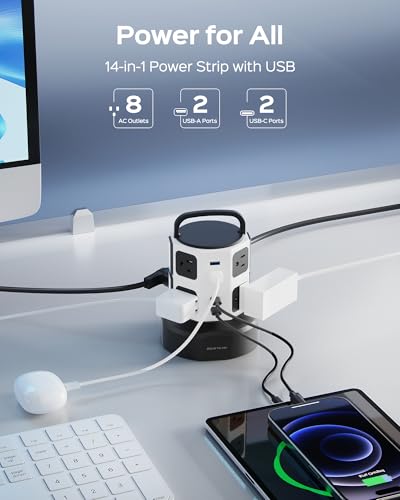 JACKYLED Power Strip Tower Surge Protector, 8 AC 4 USB (2 USB C), 1050J, 6.5Ft Retractable Extension Cord, 1625W/13A Outlet Extender, USB Charging Station for Home Office Dorm miniatura 2