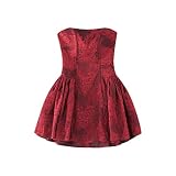 CHYSP Été Harajuku Mini Robe Plissée Femmes Rouge Vintage Mode Sans Bretelles Sexy A-line (Color : A, Size : L code)