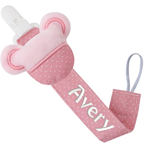Panny & Mody Attache-tétine personnalisée avec nom, porte-tétine personnalisable en tissu de coton souris avec nom de bébé brodé dessus, idéal pour fête prénatale-rose Cover