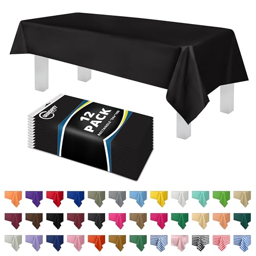 Image of Grandipity Plastic Table Cloth Disposable 12 Pack 54 inch x 108 inch Rectangle | Black Plastic table covers, durable disposable tablecloths, fade and tear-resistent table cover for party, event
