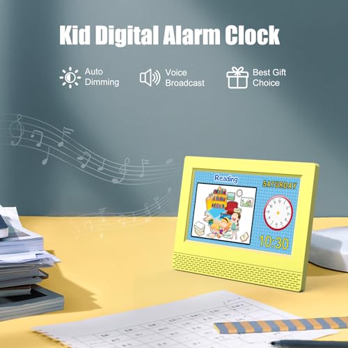 Image of Kids Digital Alarm Clock with Voice Scene Reminders, 7 inch Eye-Caring Display | Watercolor Wallpapers, Auto Dimming DST /Calendar Clock, Sleep Trainer Easy Setup Gift-Ready Box for Kids Birthday with Remote
