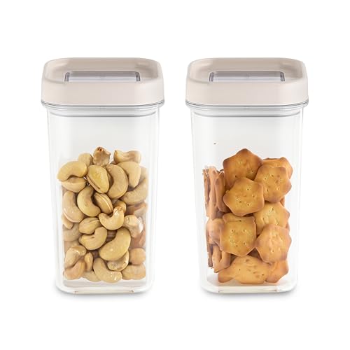 Image of CELLO Airlock Square Pet Storage Jar for Kitchen Set of 2 Pcs, 900 ml White | Freezer & Fridge Safe Stackable Airtight Kitchen Storage Container Jar Set for Bread Cereal Coffee Fruits Pasta Spices