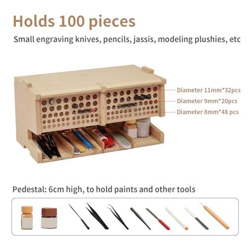 Image of Wooden Model Kit Tool Storage Rack with 100 Holes, Brush /Paint Organizer with MDF Material, Craft Supplies Storage, Brush /Tool Holder, Suitable for Tamiya /Gundam Tools, GK6
