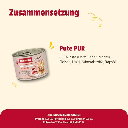 animonda Carny Katzen Nassfutter Single Protein Pute Pur (6 x 200g), Katzenfutter nass mit nur einer Proteinquelle, Futter für ausgewachsene Katzen mit Putenfleisch